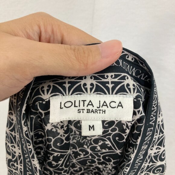 Lolita Jaca St Barth Medium Black White Abstract Artsy Tie Front Button Down - Picture 2 of 8